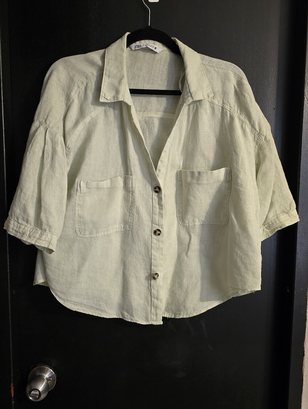 Zara Sage Button-Front Linen-Blend Shirt